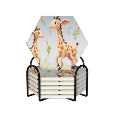 Imagem de Porta-copos para bebidas, conjunto de 6 porta-copos redondos absorventes de cerâmica antiderrapante com suporte e base de cortiça, tapete reutilizável para copos de girafa fofo para tipos de xícara