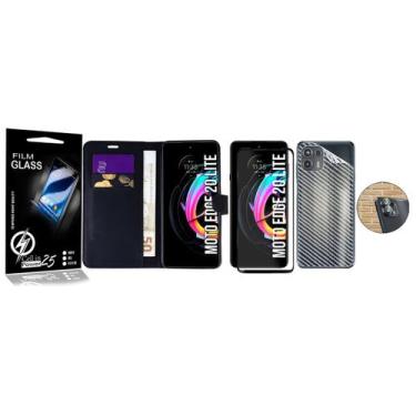 Imagem de Carteira Preta + Skin Carbono + Vidro 3d + Camera Para Moto Edge 20 Li