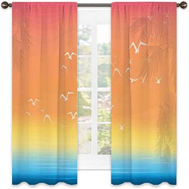 Imagem de Cortinas blackout 90% gaivotas, estampa tropical do pôr do sol com palmeiras e pássaros em voo, para quarto, jardim de infância, sala de estar, L 250 x C 213 cm Salmão ombré