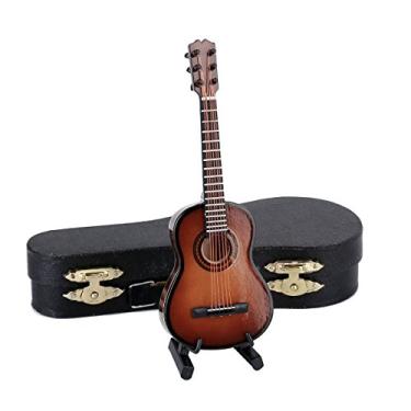 Imagem de Dselvgvu Miniatura De Guitarra Madeira Com Suporte E Estojo, Mini Instrumento Musical, Réplica Clássica, Estatueta Colecionável, Modelo Decoração Para Casa, Ornamento Exibição (Marrom, 13,8 Cm X 4,6