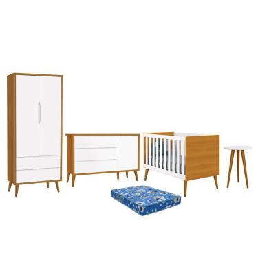 Imagem de Dormitório Infantil Theo Retrô 2 Portas, Cômoda 1 Porta, Berço, Mesa de Apoio com Pés Amadeirado e Colchão - Reller Móveis Branco/Savana