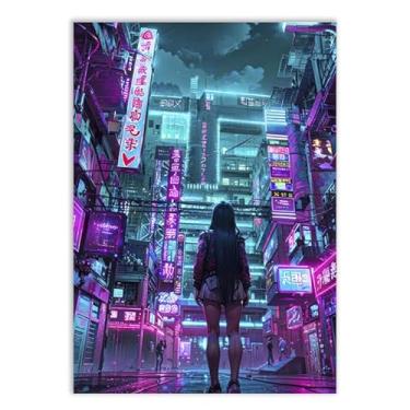 Imagem de Placa Decorativa Garota Anime Cyberpunk Beco Neon Ilustração Decoração Poster Quarto Sala