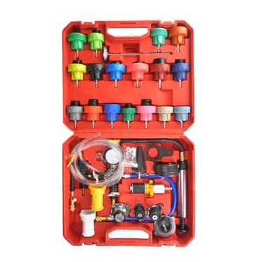 Imagem de HZAUTOS Kit de recarga a vácuo de refrigerante de 34 peças com 25 adaptadores de radiador, kit de testador de pressão de refrigeração, ferramenta de recarga de pressão do sistema de resfriamento do