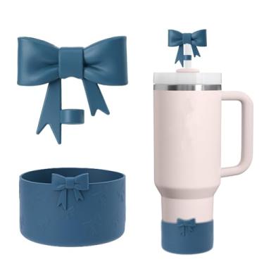 Imagem de AXMCCH Tampa de garrafa de silicone de 7,5 cm e topo de canudo em forma de laço de 10 mm para copo Stanley de 340 a 1,134 g (2 peças azul marinho)