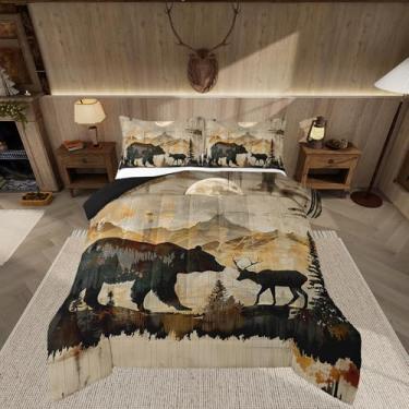 Imagem de Feelyou Conjunto de cama infantil casal, urso, cervo, fazenda, floresta, vida selvagem, animal, urso, lua e montanha