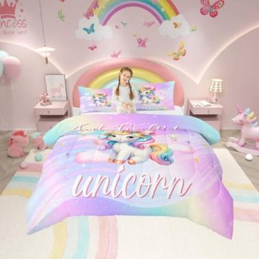 Imagem de Erosebridal Jogo de cama casal de unicórnio, arco-íris, roxo, unicórnio, para decoração de quarto de meninas, lindo laço rosa, com laço, estrelas reversíveis, 3 peças, ultramacio