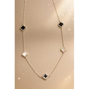 Imagem de Colar 5 trevos em prata 925 em madreperola e preto e borda cravejada -