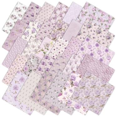 Imagem de JarThenaAMCS 60 peças de tecido floral vintage quadrados flores roxas pacotes de tecido de algodão pequenos tecidos de costura retrô para decoração de festa artesanal, 25 x 25 cm
