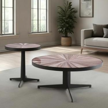 Imagem de Armen living Beka Conjunto de mesa de centro marrom redondo de meados do século com tampo de vidro temperado - Conjunto de 2