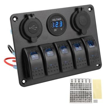 Imagem de 5 Painel de interruptor de gangues liga de alumínio Alumínio IP65 Resistente à água Pré -fio Dual Cigarro USB Toltímetro de isqueiro para caminhão marítimo RV (Azul)
