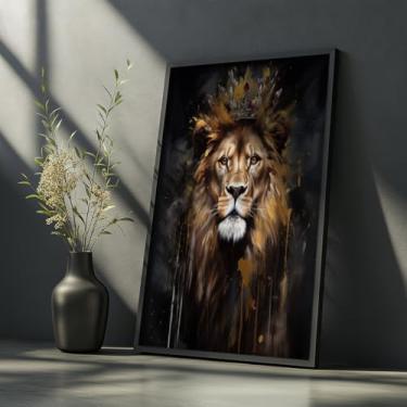 Imagem de Quadro Decorativo Leão Coroa Com Moldura Rei Da Selva Luxo Dourado Arte Impactante Decoração Moderna Sala Quarto Parede