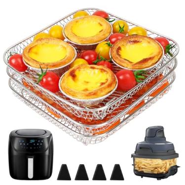 Imagem de BYKITCHEN Rack de fritadeira a ar de 17 cm adequado para Ninja Crispi/Ninja Pro 5QT/Cosori 5QT/Chefman 5-6QT Airfryer e mais, acessórios para fritadeira a ar, 3 peças de cesta empilhável de aço