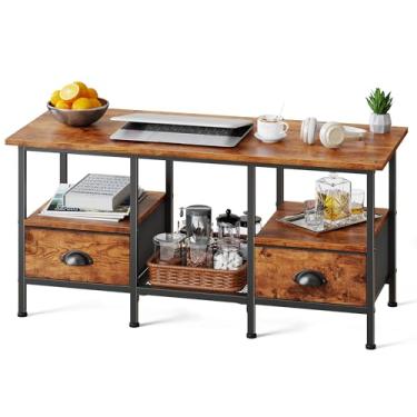 Imagem de Furologee Mesa de centro de 89 cm com 2 gavetas de armazenamento, pequenas mesas de centro para sala de estar, mesa central industrial com prateleira de armazenamento de 2 níveis, marrom rústico