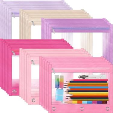Imagem de Lincia Pacote com 36 bolsas de lápis para fichário de 3 anéis com zíper, sacos de lápis, 6 cores, estojo para fichário com janela transparente dupla face para material de escritório universitário