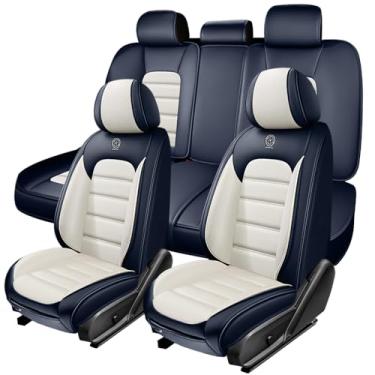 Imagem de AFUNTIO Conjunto completo de capas de assento de carro, capas de almofada de couro napa, ajuste universal 98% caminhonete SUV, capa de assento automotiva, capa de assento à prova d'água (padrão azul e