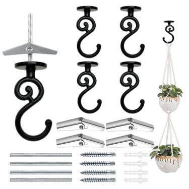 Imagem de Evsteluo Gancho de teto resistente em forma de S, para madeira, concreto e drywall, para pendurar decoração de casa, plantas e muito mais, carga máxima de 18 kg (4, preto)