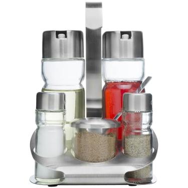 Imagem de Conjunto de galheteiro de sal e pimenta para azeite e vinagre (6 peças) de vidro durável em aço inoxidável com suporte