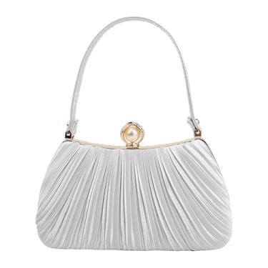 Imagem de Veridina Mini bolsa feminina plissada com concha para noite, bolsa de embreagem, bolsa de mão de pérola, com alça de corrente, Prata, 22*8*14 cm