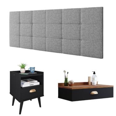 Imagem de Kit Quarto Penteadeira Suspensa Gloss Preto|Freijó Mesinha Lateral Estilo Preto Cabeceira Cama Box Casal Bia 1.40 Cinza Linho - RPM Móveis