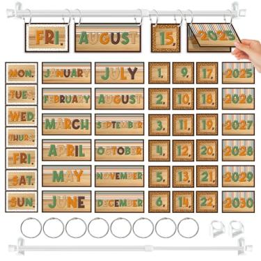 Imagem de Cinrobiye Woodland Bulletin Board Conjunto de calendário flip com suporte ajustável 56 cartões de data para volta às aulas, sala de aula, casa, tema rústico, quadro-negro, decoração de parede, anos