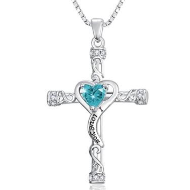 Imagem de VANAODUC Colar feminino com cruz de pedra do mês de nascimento, ouro 14K, ouro branco 18K, ouro rosa, pingente feminino I Love You, presente de aniversário e Natal para sua mãe, esposa, namorada