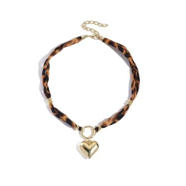 Imagem de Cachecol de seda com estampa de leopardo, gargantilha para mulheres, pingente dourado, grosso, coração, laço, colar, duas camadas, pérolas, miçangas, boêmio, praia, vários pingentes, wafer, clavícula