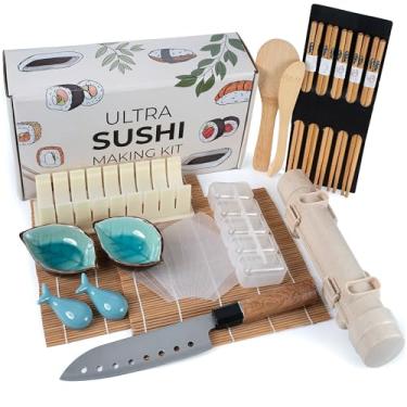 Imagem de Kit de fabricação de sushi - 20 em 1 com rolo de bazuca, faca de chef, tapetes de bambu, molde de arroz, tapetes de temaki, remo, espalhador, pauzinhos, pratos de molho - Kit completo de sushi para