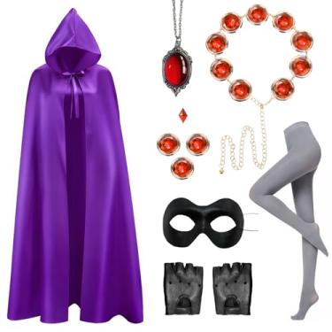Imagem de YOGFIT Fantasia de Halloween de corvo para mulheres, capa roxa com capuz, cinto de corvo, luvas, máscara de olhos, meia-calça, pingente vermelho