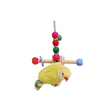 Imagem de Brinquedos giratórios de pássaros coloridos com sinos, brinquedos de mastigar de madeira natural para gaiola, acessórios de gaiola de pássaros mastigáveis para pendurar para calopsita, conure