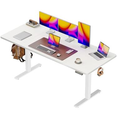 Imagem de Huuger Mesa elétrica grande de 150 x 71 cm, mesa de computador com altura ajustável, mesa de 70 cm de profundidade, mesa de escritório para jogos de pé com 2 ganchos, 3 alturas predefinidas, para