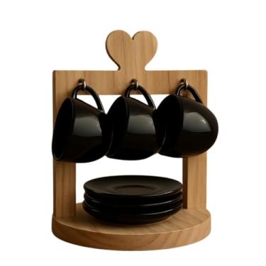 Imagem de ‌Porta Xícaras e Pires Café em Pinus - Suporte Organizador Coração para 6 Peças, Decorativo e Antiderrapante - Ideal para Cozinha e Cafeteria
