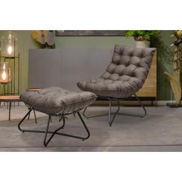 Imagem de Poltrona Costela e Puff Eva Base Metal Preto - Linho Marrom - METAL MO