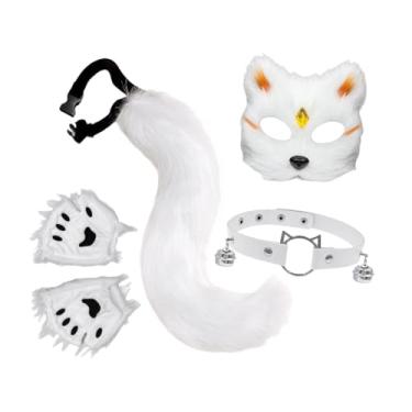 Imagem de Colaxi Conjunto de máscara e cauda de gato e, luvas de pelúcia sem dedos para shows de fantasia, Ouro Branco