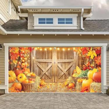 Imagem de HOMETITUTE Faixa de entrada de garagem de ação de graças, 4 x 1,8 m, entrada de madeira rústica com grinalda de abóboras, cesta de palha, folhas de outono, luzes brancas, decoração de quintal ao ar