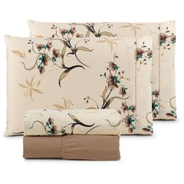 Imagem de LençOl Casal Com Elastico Conjunto De Roupa De Cama,Jogo De LençOl 100% AlgodãO Ponto Palito Estampado 1.98 * 1.58cm (FLORAL CÁQUI)