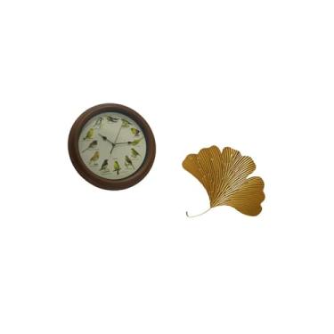 Imagem de IEUDNS Decoração de Parede com Folhas de Ginkgo em Ferro Forjado, Relógio de Parede com Pássaro Cantando, Escultura de Parede Abstrata Elegante para Sala de