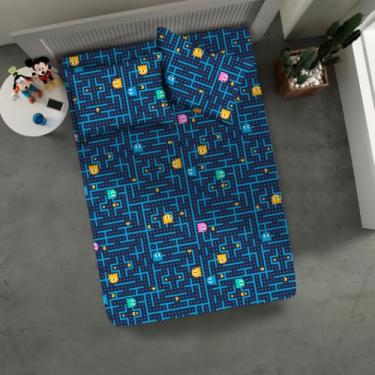 Imagem de Jogo de Cama Casal Pac Man Azul 3 Peças – Lençol c/Elástico 138x188x30 cm + 2 Fronhas 50x70 cm – Malha 70% Algodão 30% Poliéster