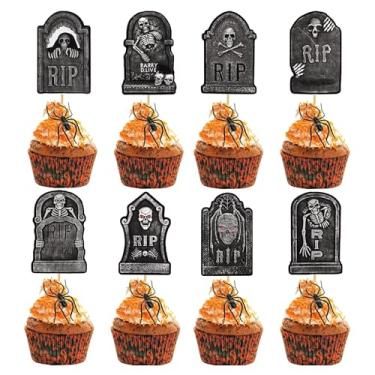 Imagem de MEMOVAN Toppers de cupcake de Halloween, lápides, palhetas de cupcake, topo de cemitério, palitos de bolo de lápide, decoração assustadora de cupcake de Halloween para festa de terror de Halloween