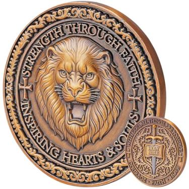 Imagem de Leafence Leão Cristão Desafio Religioso Moeda Força Através da Fé Bíblia Cruz Token Fé, Coragem e Esperança Moeda Religiosa para Homens e Mulheres, Presente Cristão Inspirador (Leão de Ouro Antigo - 1