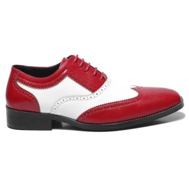 Imagem de Metrocharm Sapato social masculino Oxford em dois tons, couro sintético, estilo brogue, design com cadarço para uso formal, MC118, Vermelho e branco., 42