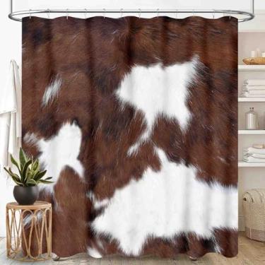 Imagem de TKUYO Cortina de chuveiro com estampa de vaca marrom, estampa de pele de vaca ocidental Highland com estampa de animais Wild West Farmhouse Country rústico tecido impermeável conjunto de cortina de