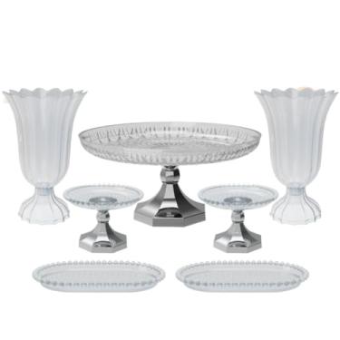 Imagem de Kit Cristal boleira lapidada 24x11+2 vasos popi+2 mini boleiras perola+ 2 bandejas perola 20x13 cm(MP - METALIZADO PRATA)