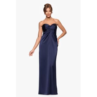 Imagem de Xscape Vestido feminino de cetim tomara que caia com decote coração e corpete atado até o chão, Azul marino, 44