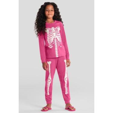 Imagem de Pijama infantil menina de esqueleto brilha no escuro Brandili 10, Rosa