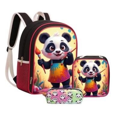 Imagem de Kit Mochila Escolar Infantil Costas com Lancheira e Estojo Panda Menin