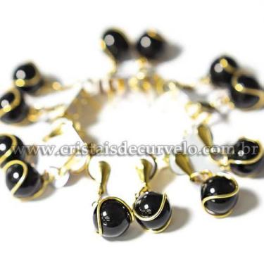 Imagem de Brinco Bolinha Pedra Obsidiana Negra - Cesta Dourada - 5 Unidades para