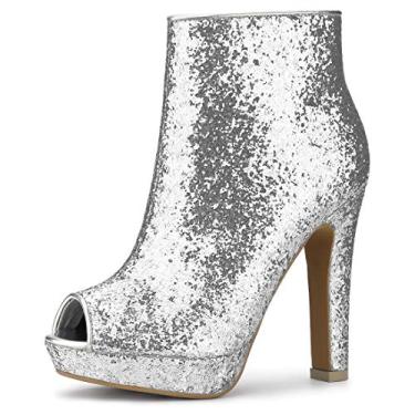 Imagem de Botas femininas Allegra K de salto grosso, plataforma peep toe com glitter, Prata, 8.5