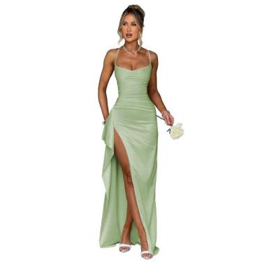 Imagem de Vestido de noite GDJDIFK Mermaid Satin Grass Green para mulheres