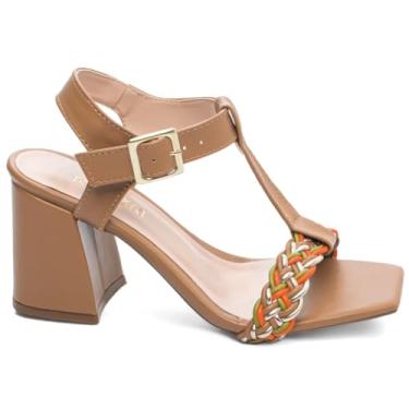 Imagem de Sandália Feminina com Salto Grosso de 7 cm de Altura, Trança Multicolorida e Fivela de Ajuste na Cor Dourado, Trabalho, Formatura e Casamento.., 45097B, Cor: Bege, Torricell@ (BR, Adulto, Numérico, 35)
