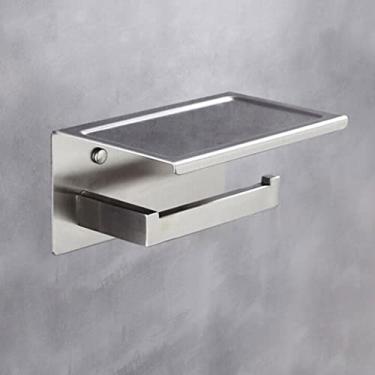 Imagem de Suporte de papel higiênico de aço inoxidável 304 com prateleira de telefone, suporte de rolo de papel higiênico, cromado montado na parede/preto fosco montado na parede (cor: escovado) (escovado)